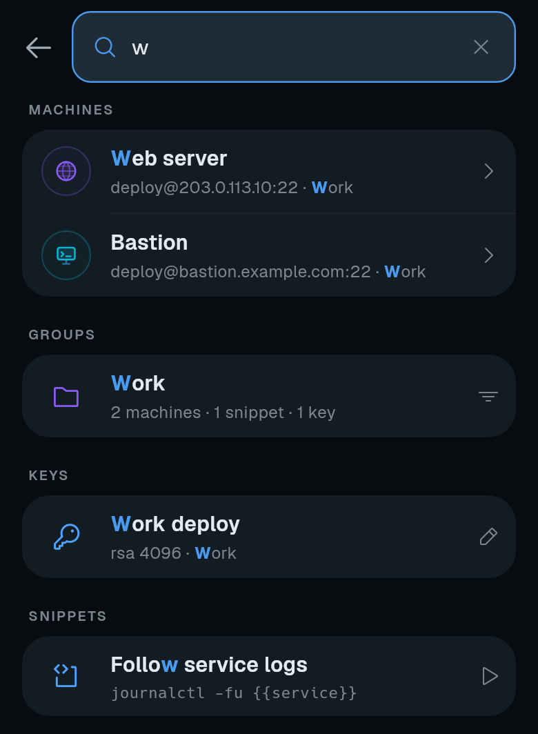 One search across machines, groups, keys and snippets