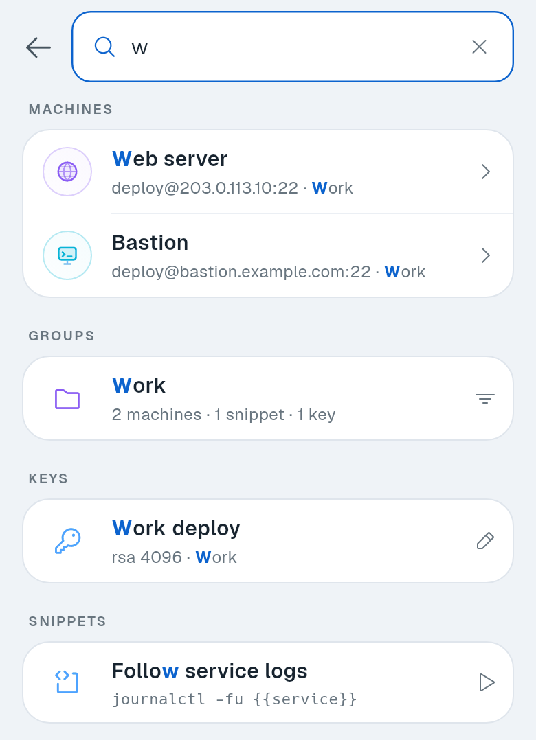 One search across machines, groups, keys and snippets