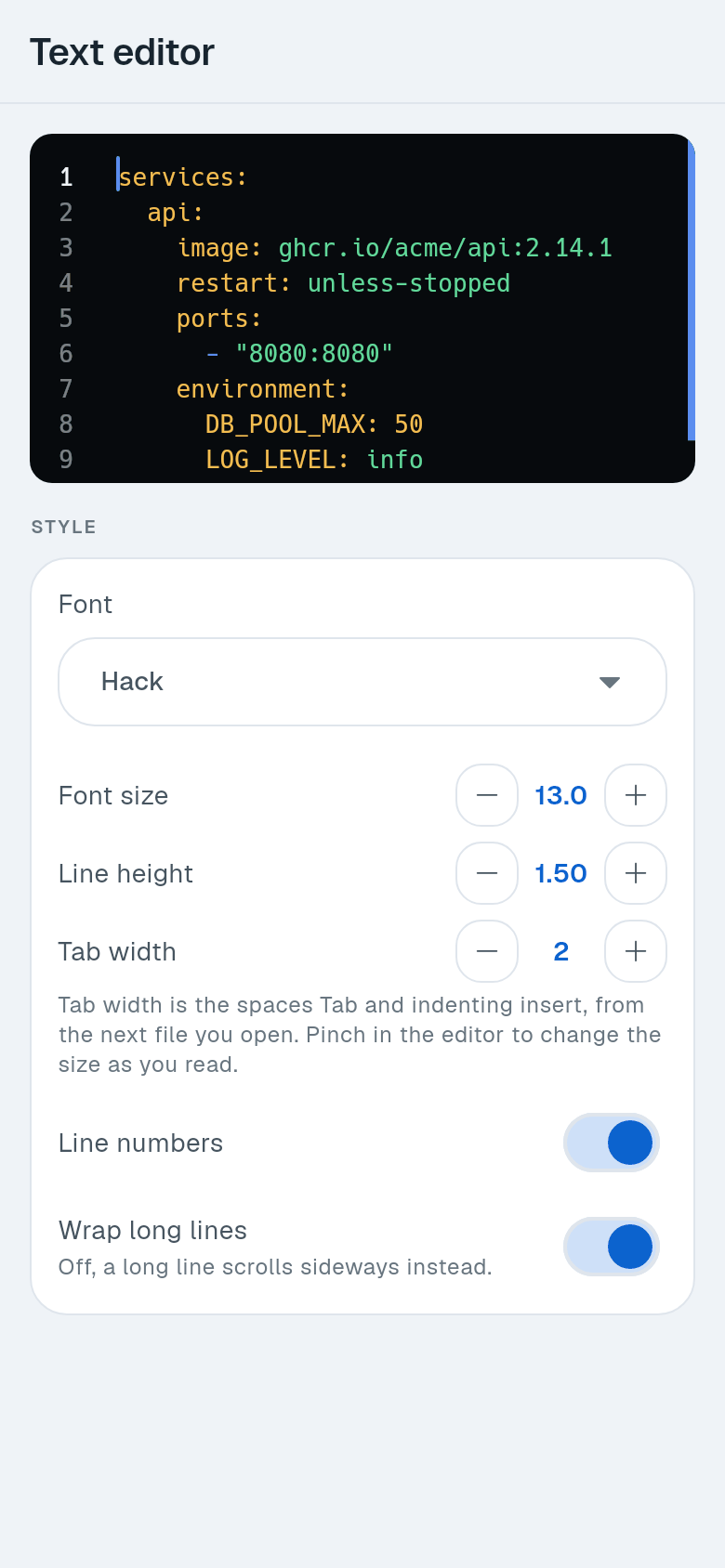 Text editor settings with a live preview