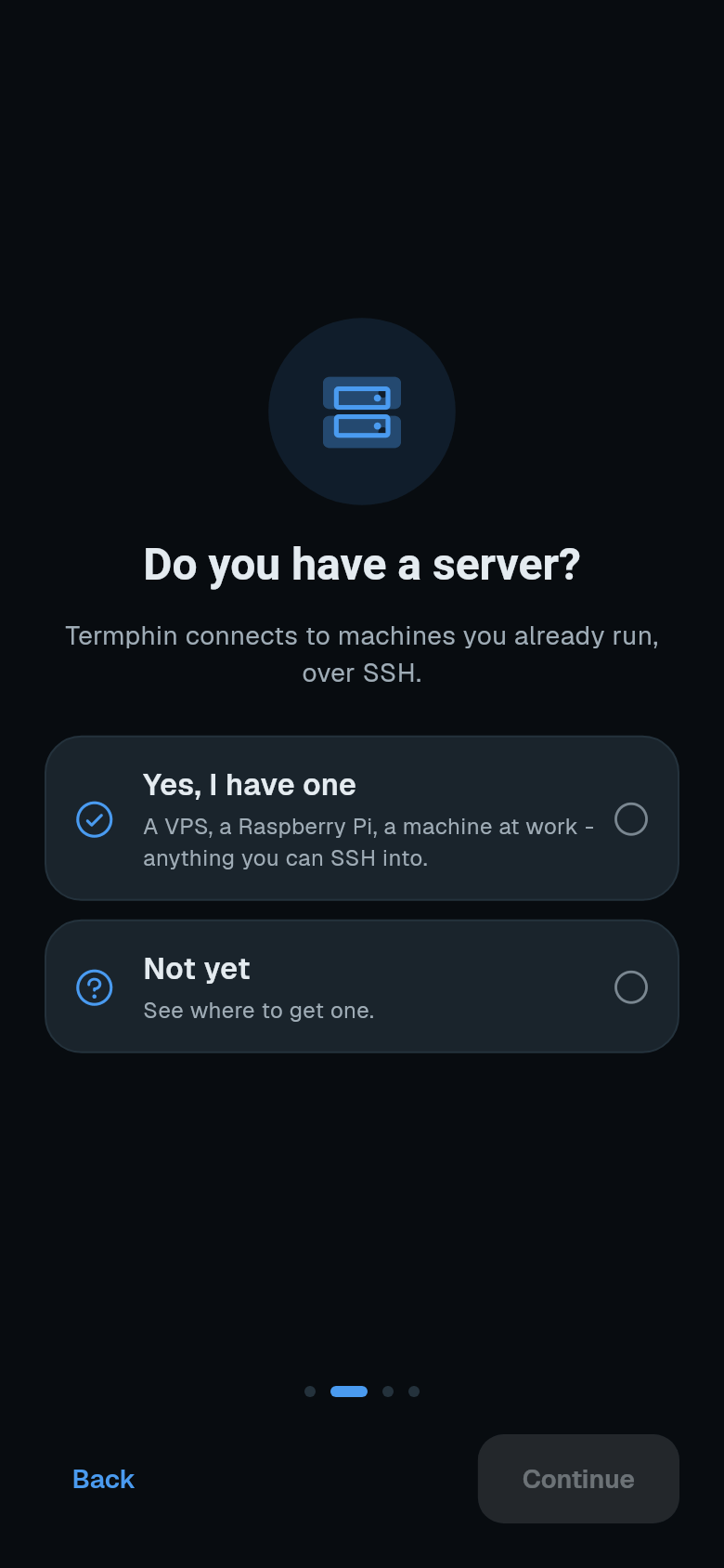 The first run asking whether you have a server