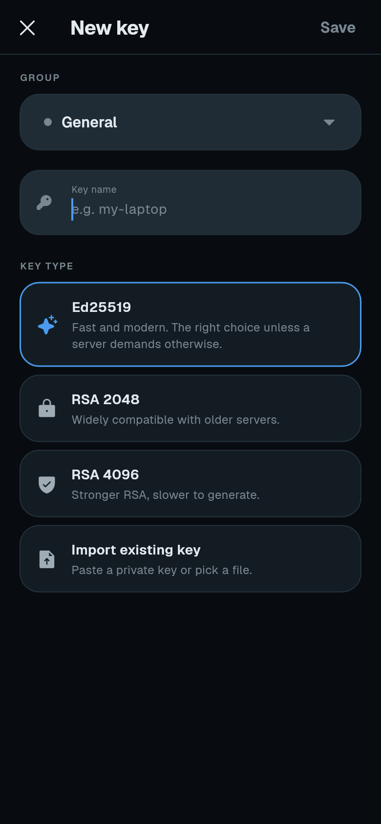 New key screen with Group, Key name and Key type choices