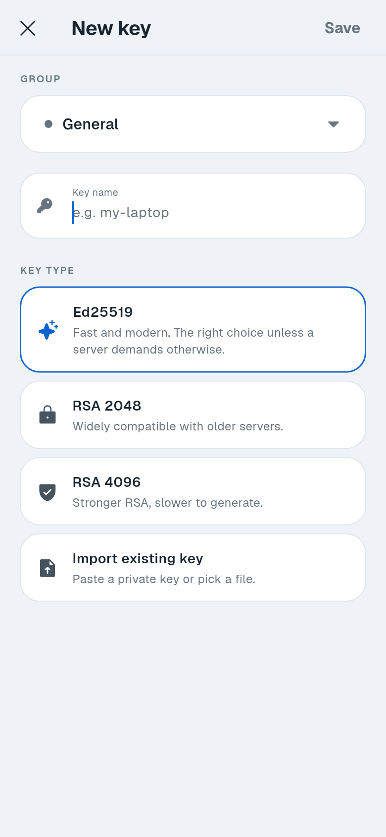 New key screen with Group, Key name and Key type choices