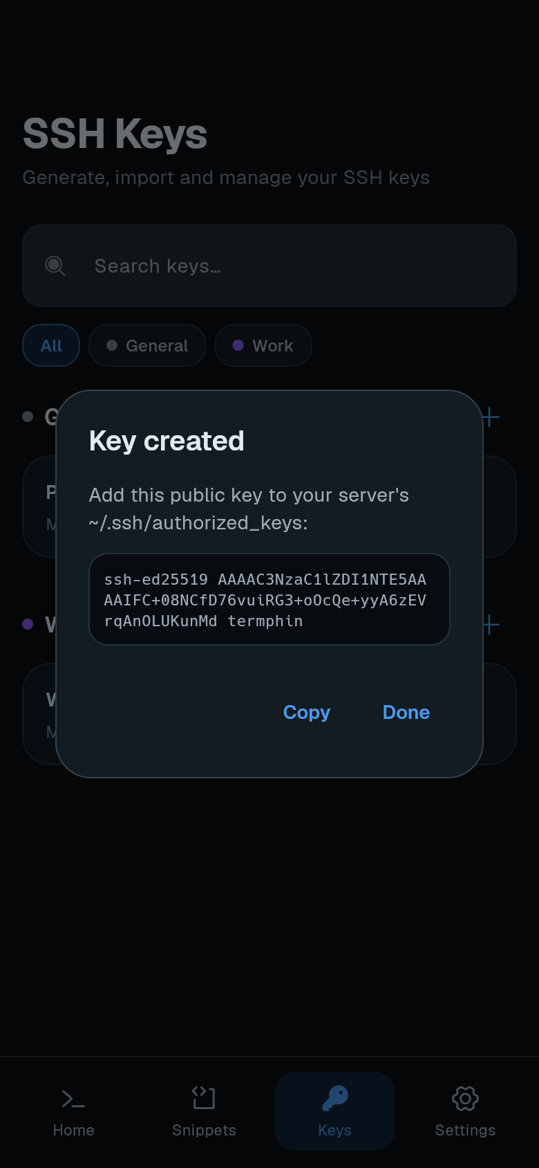 Key created dialog showing the public key and Copy button