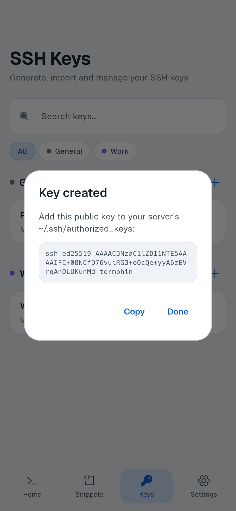 Key created dialog showing the public key and Copy button