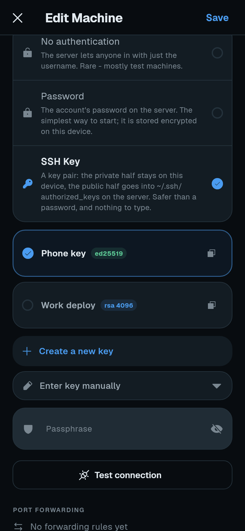 Machine form with SSH Key selected and Test connection button