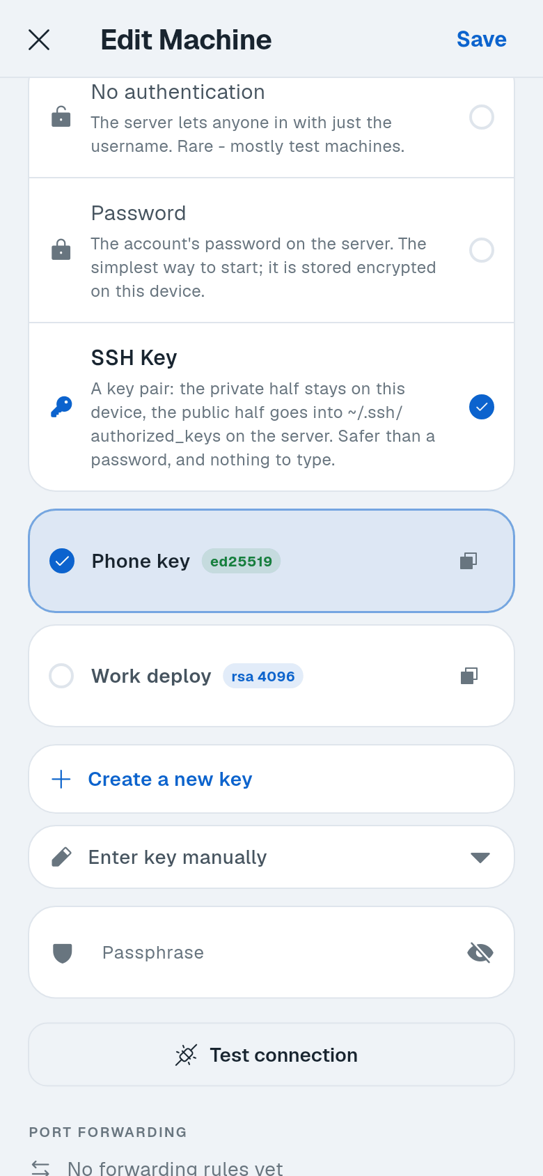 Machine form with SSH Key selected and Test connection button
