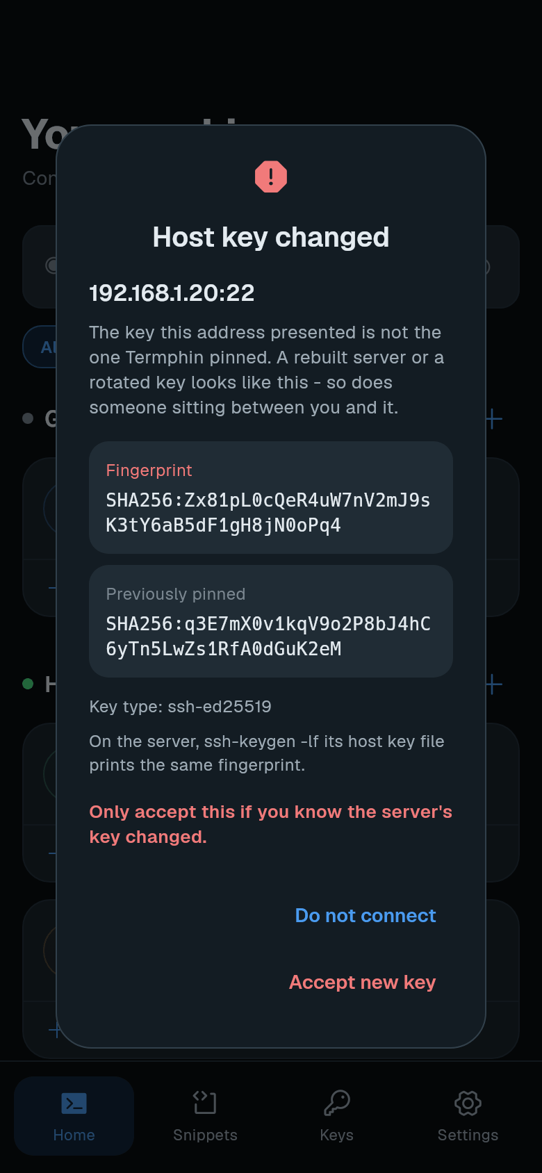 Host key changed prompt showing new and previously pinned fingerprints and Accept new key button