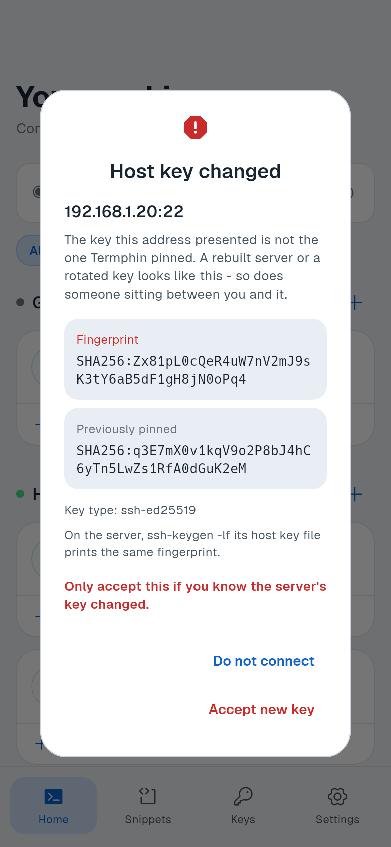 Host key changed prompt showing new and previously pinned fingerprints and Accept new key button