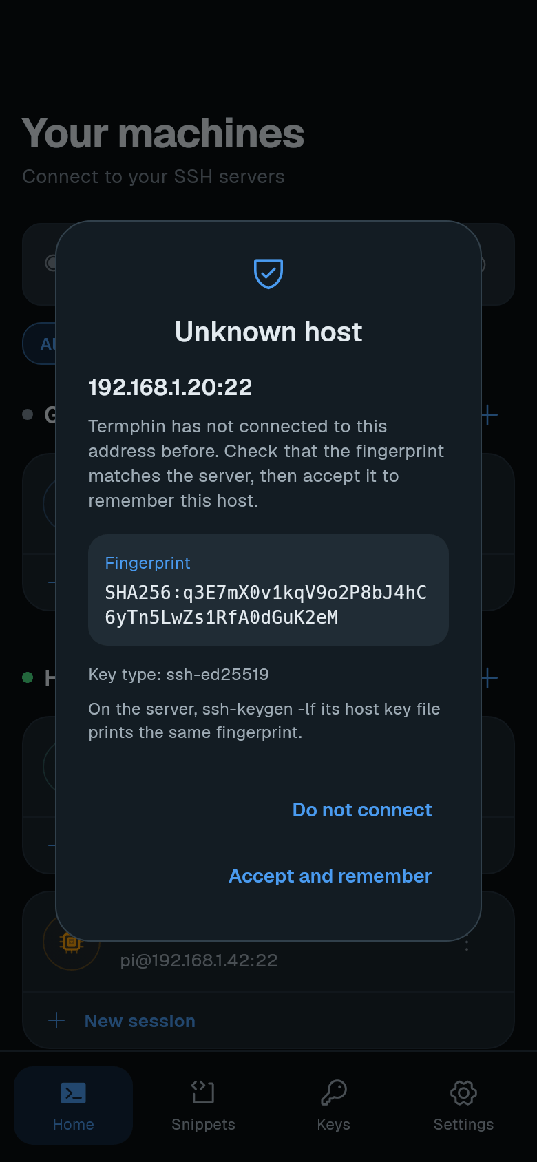 Unknown host prompt with fingerprint and Accept and remember