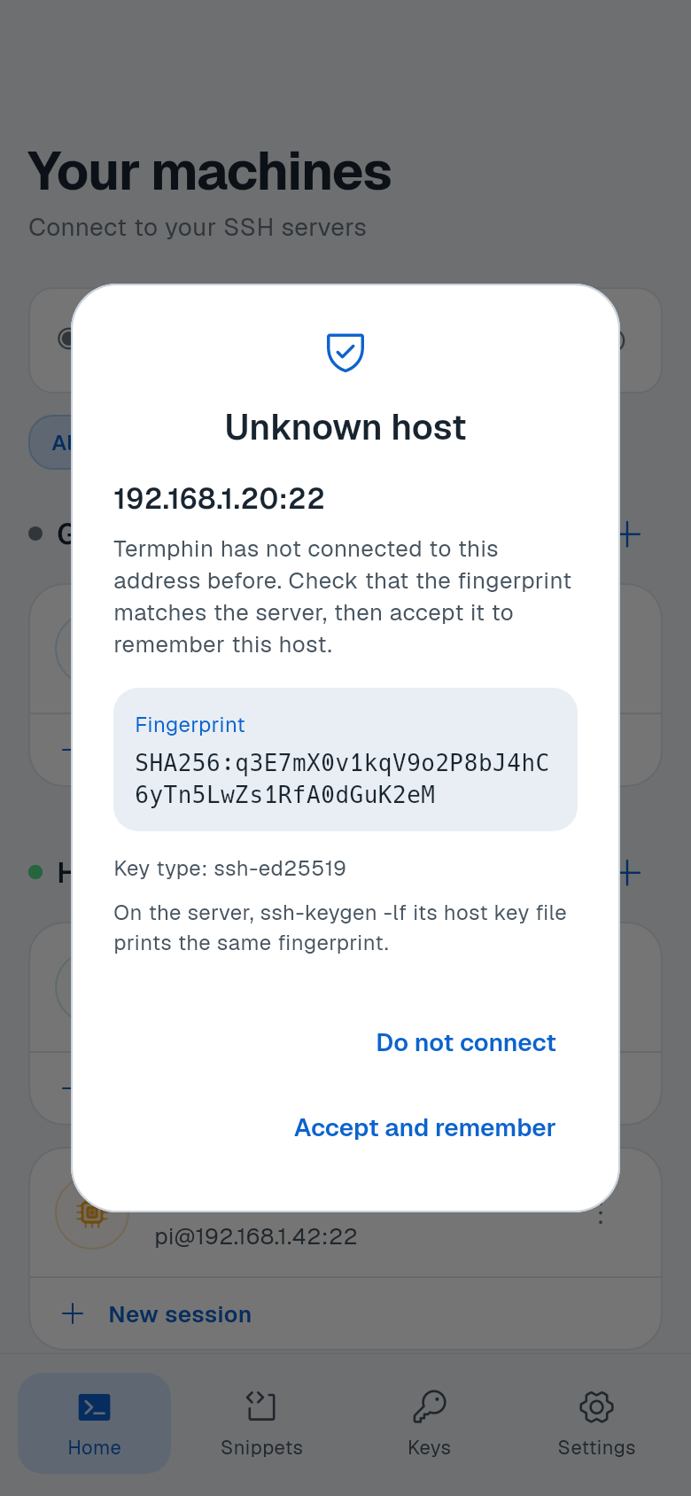 Unknown host prompt with fingerprint and Accept and remember