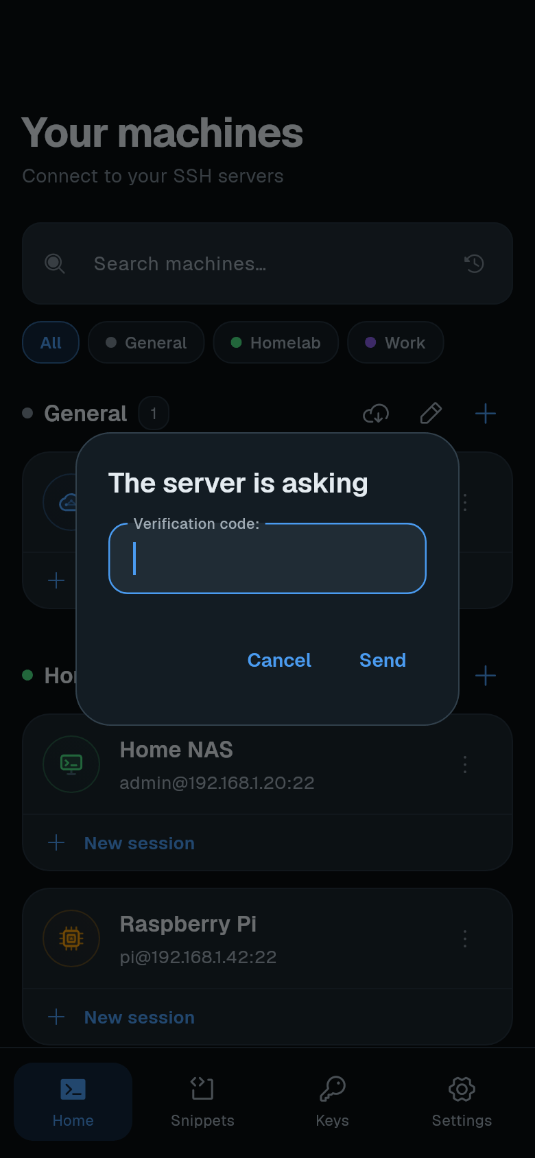 The server is asking dialog with a Verification code field and Send
