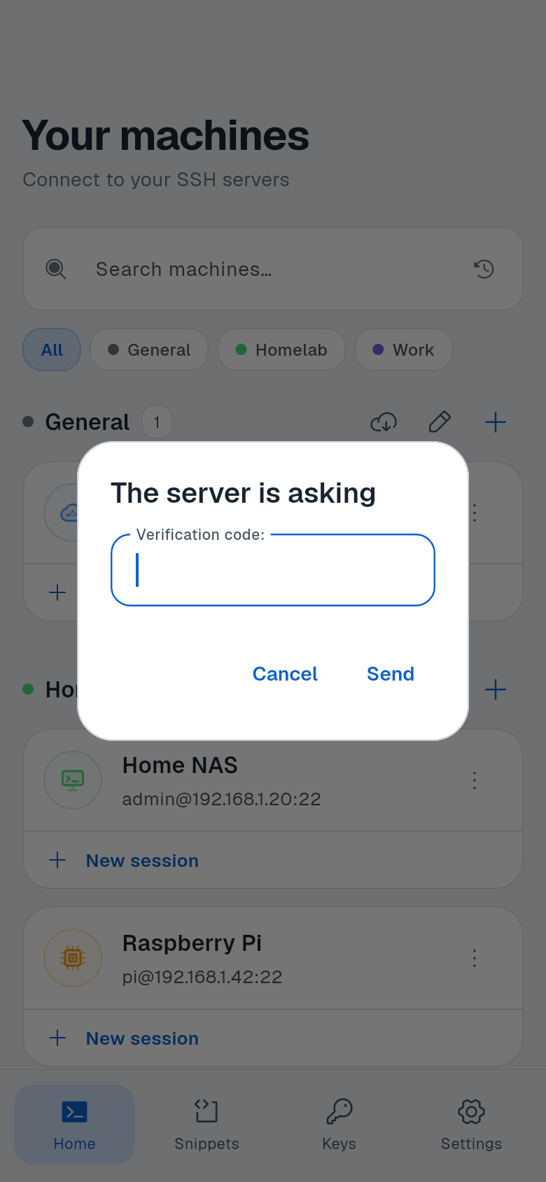 The server is asking dialog with a Verification code field and Send