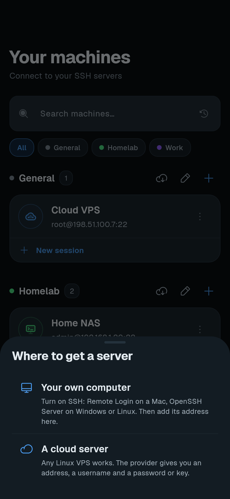 Where to get a server sheet showing Your own computer and A cloud server