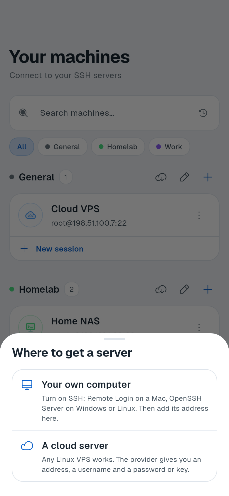 Where to get a server sheet showing Your own computer and A cloud server