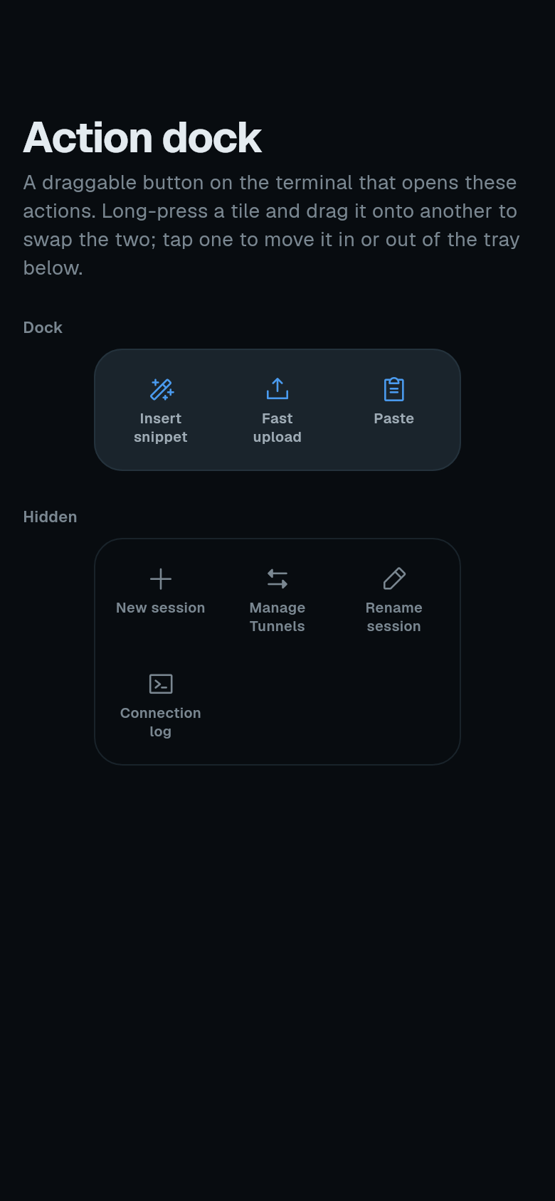 Action dock settings with Dock and Hidden tiles