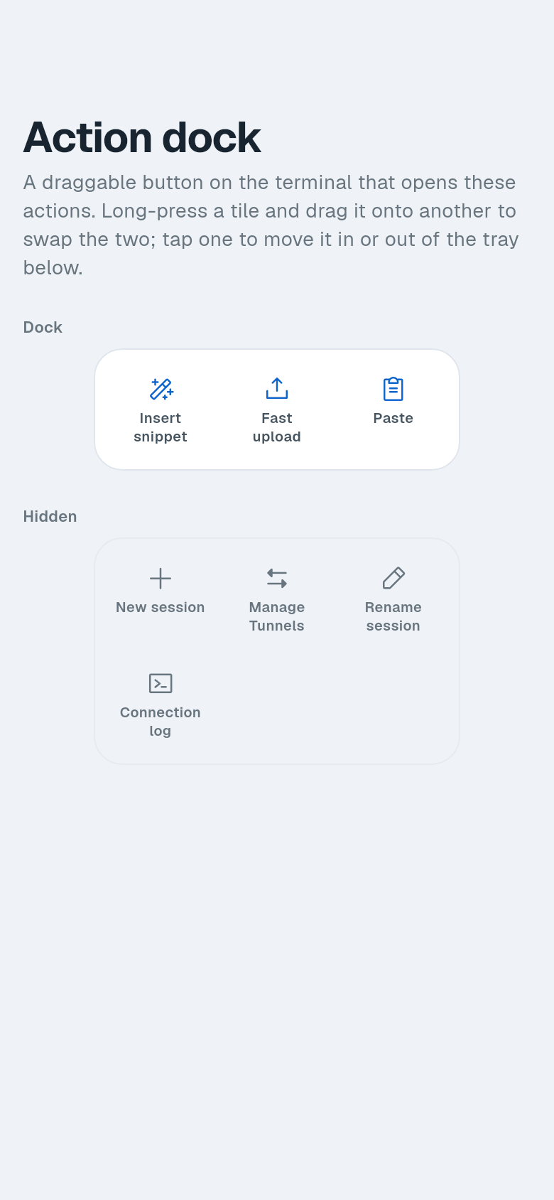 Action dock settings with Dock and Hidden tiles