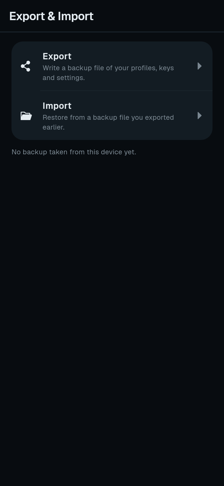 Export & Import screen with Export and Import