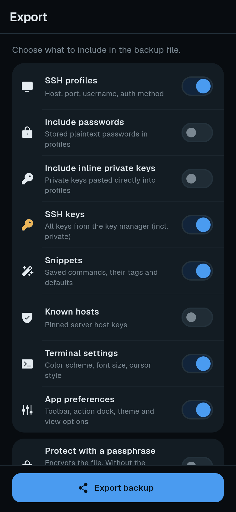 Export screen with section switches, Protect with a passphrase and Export backup