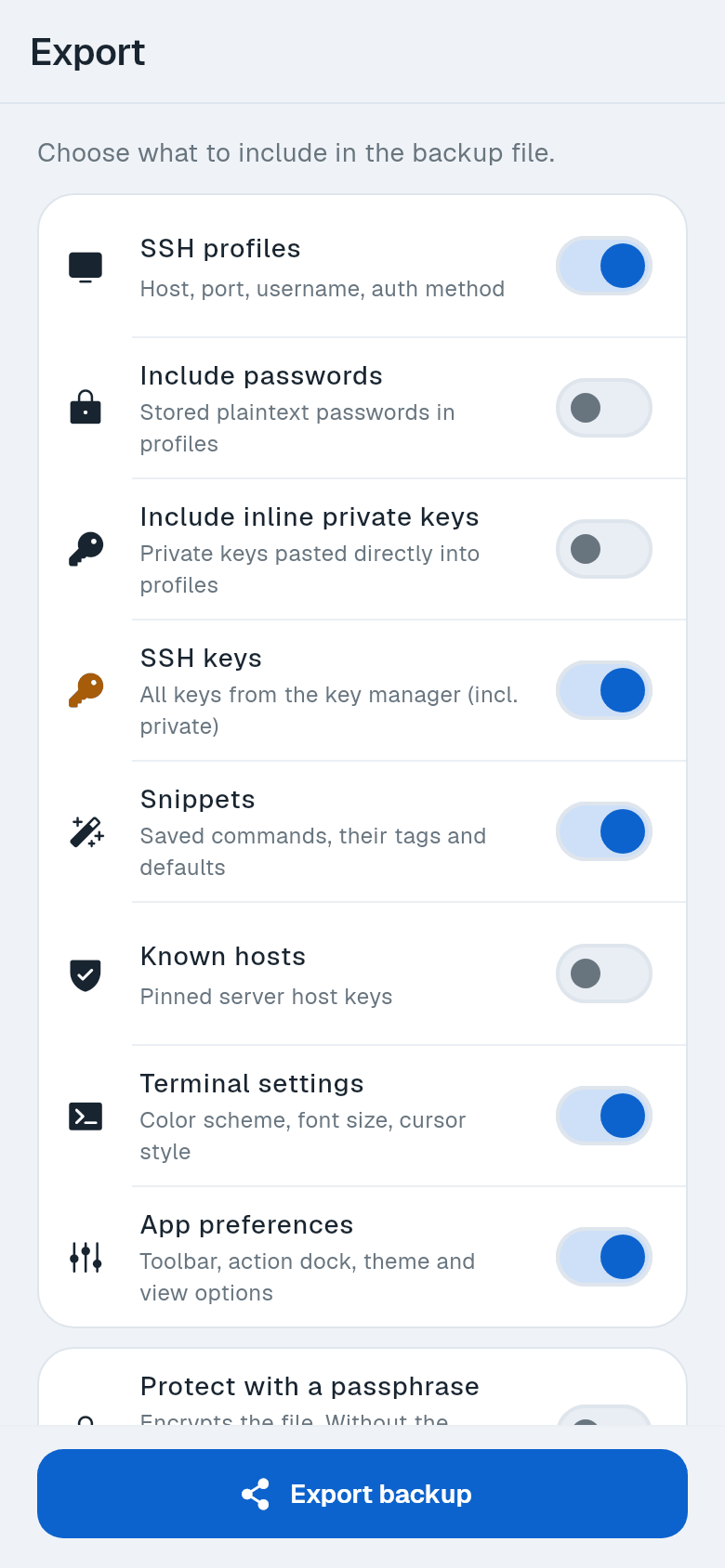 Export screen with section switches, Protect with a passphrase and Export backup