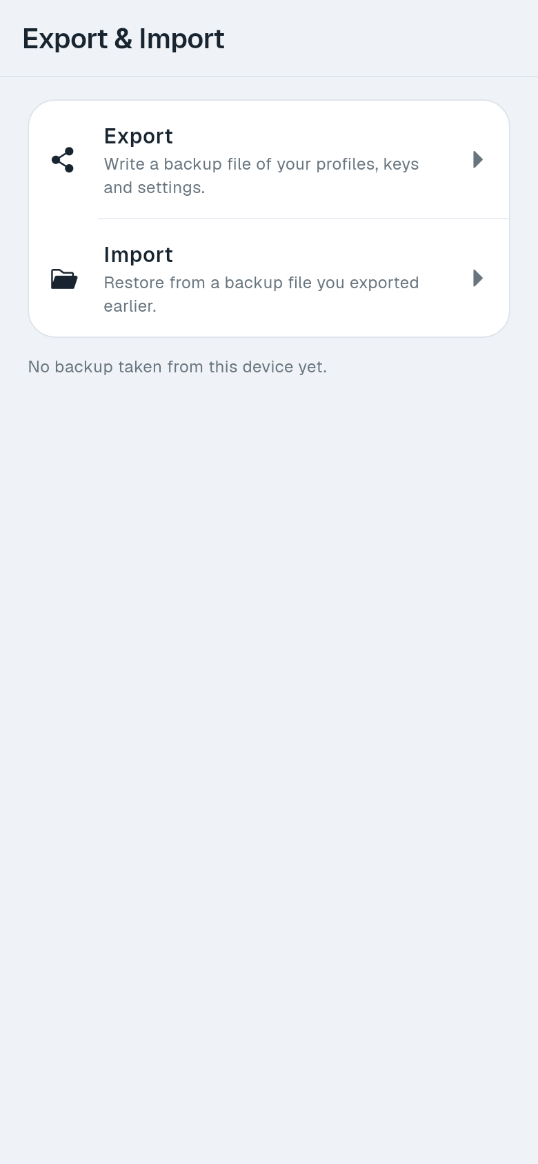 Export & Import screen with Export and Import