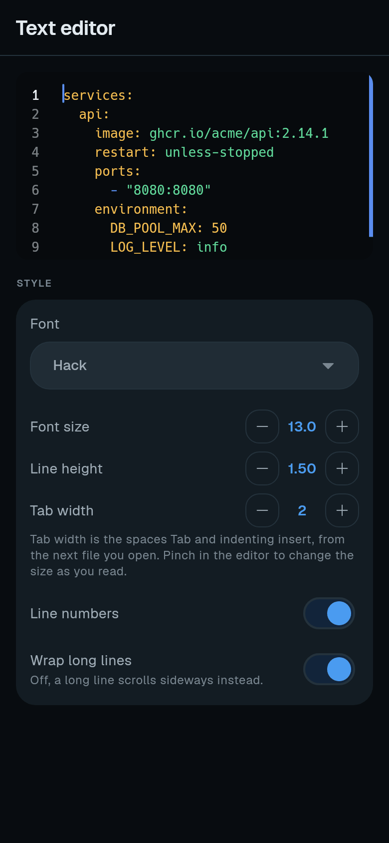 Text editor settings with a code preview and options for font, size, line height, tab width, line numbers, and wrap long lines