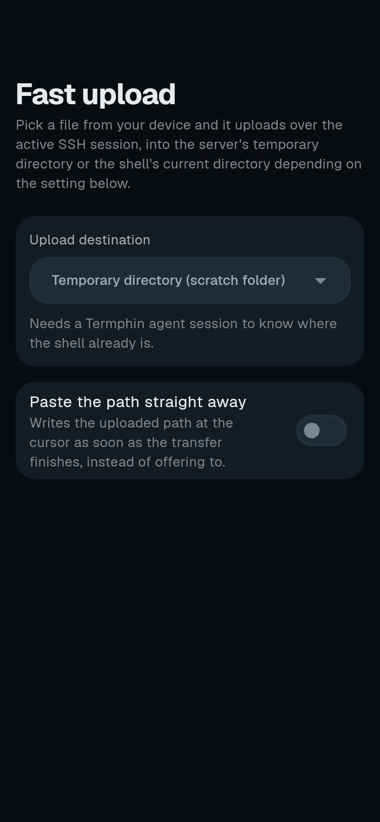 Fast upload settings with the upload destination and Paste the path straight away