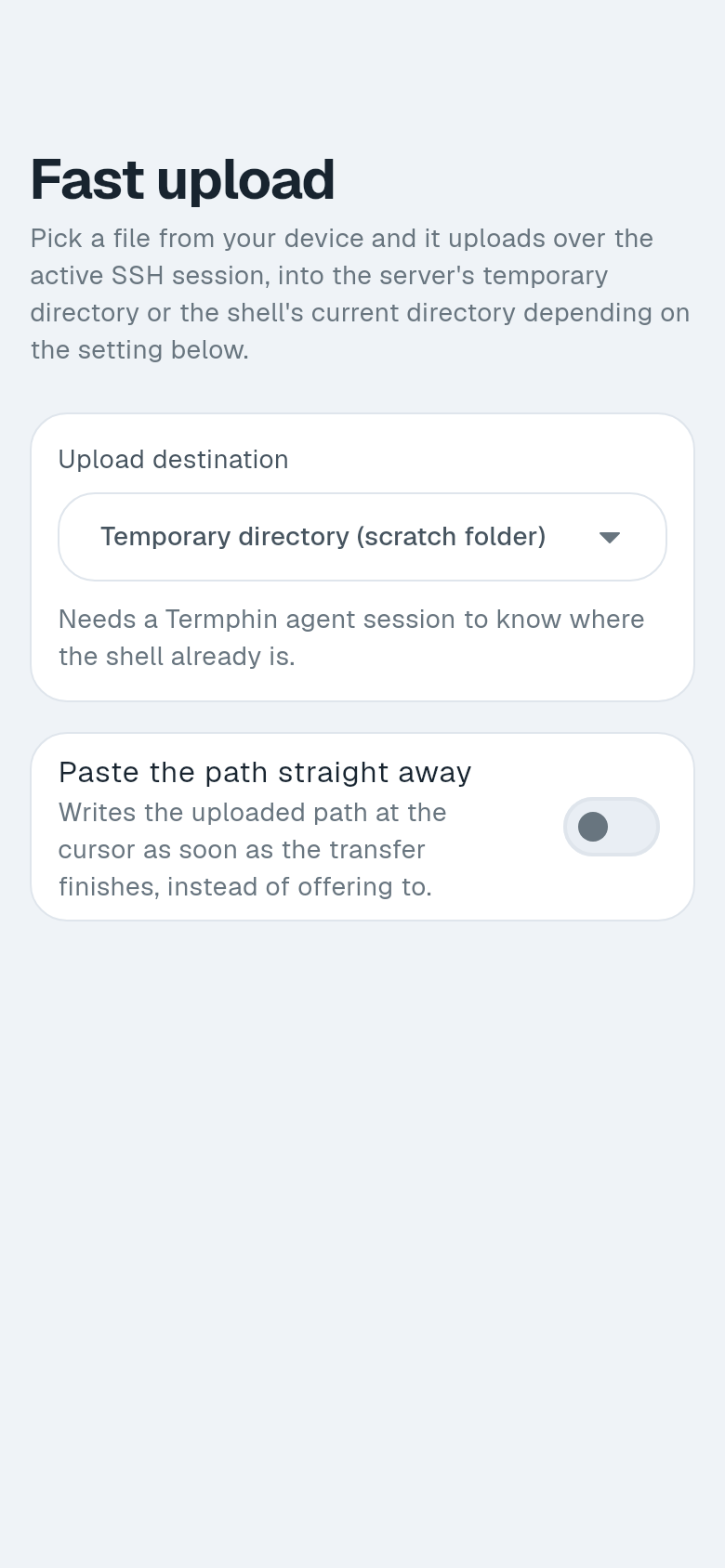 Fast upload settings with the upload destination and Paste the path straight away