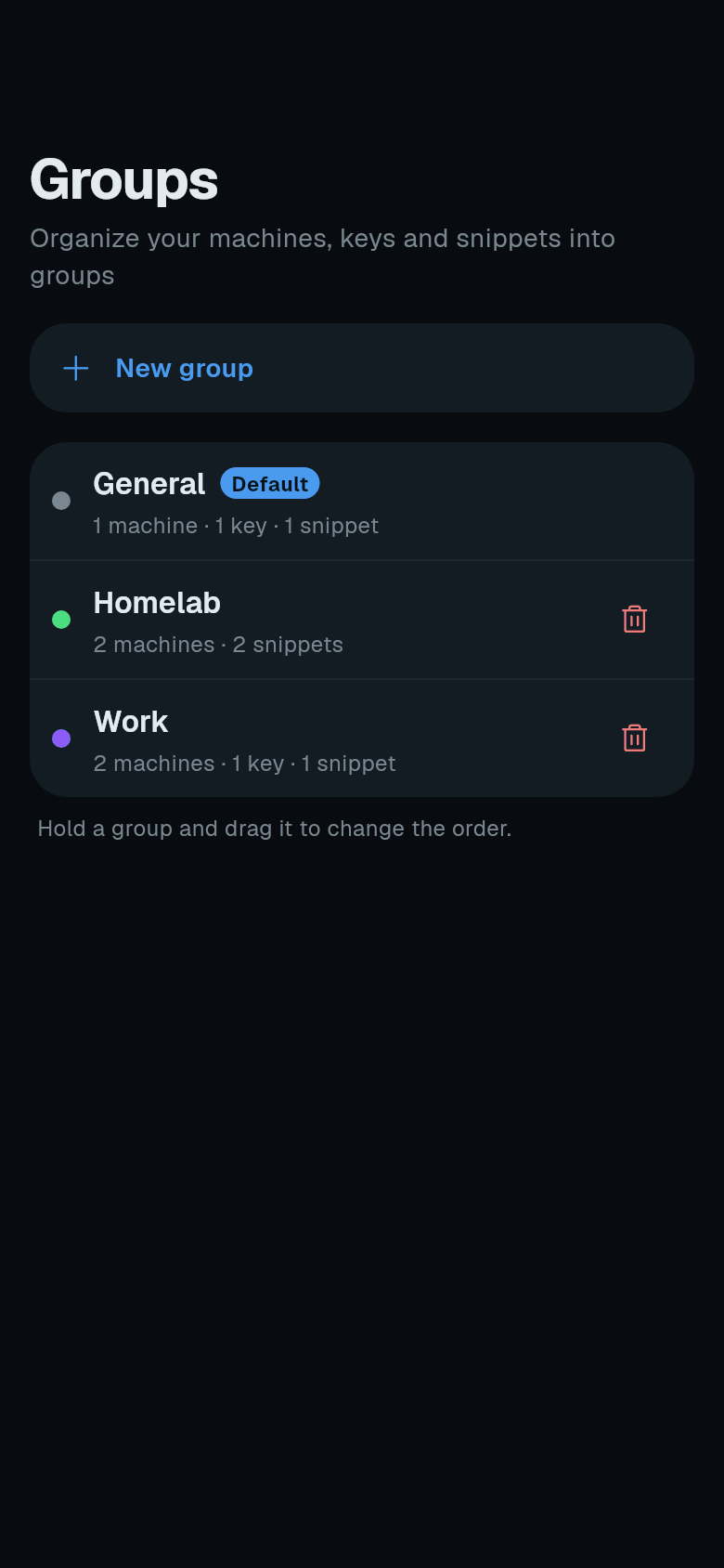 Groups screen with New group button and list of groups