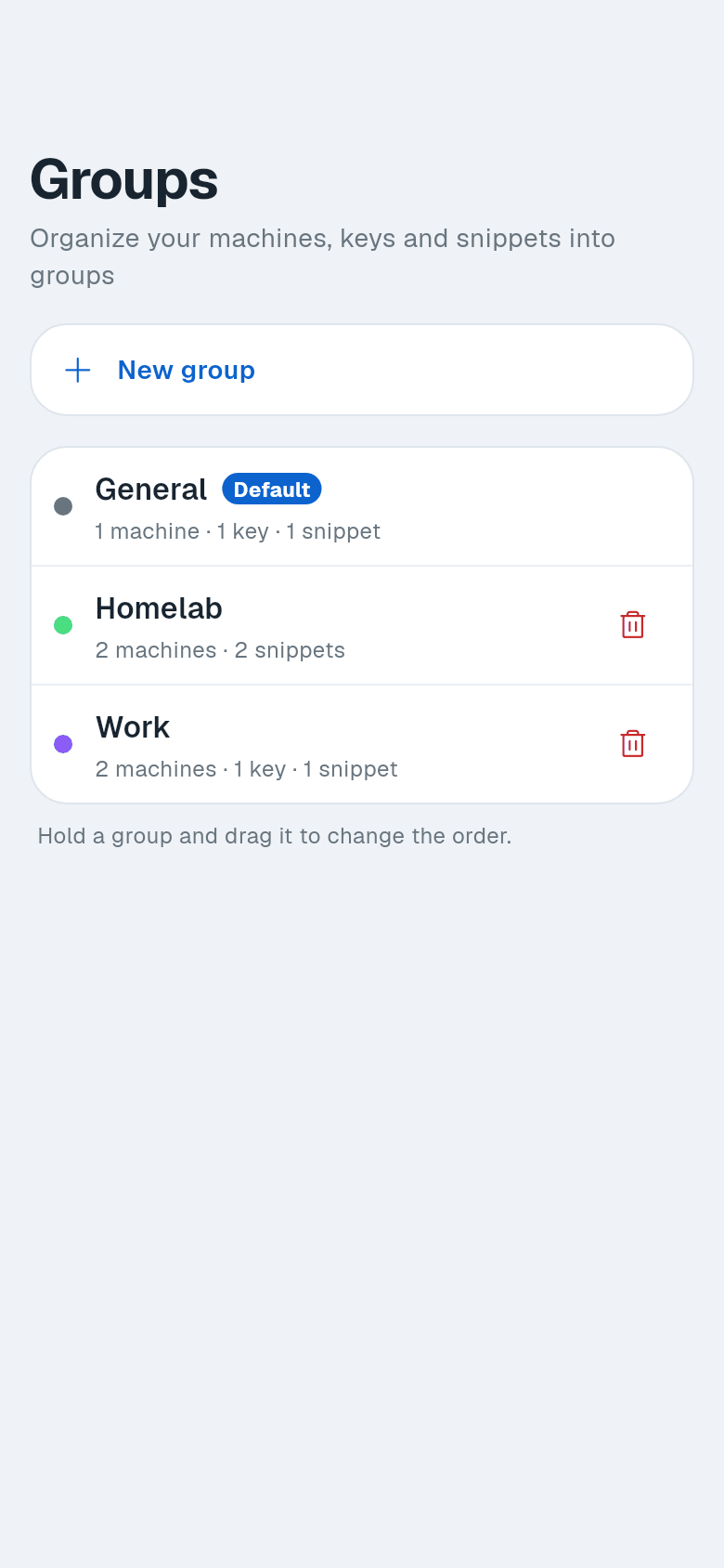 Groups screen with New group button and list of groups