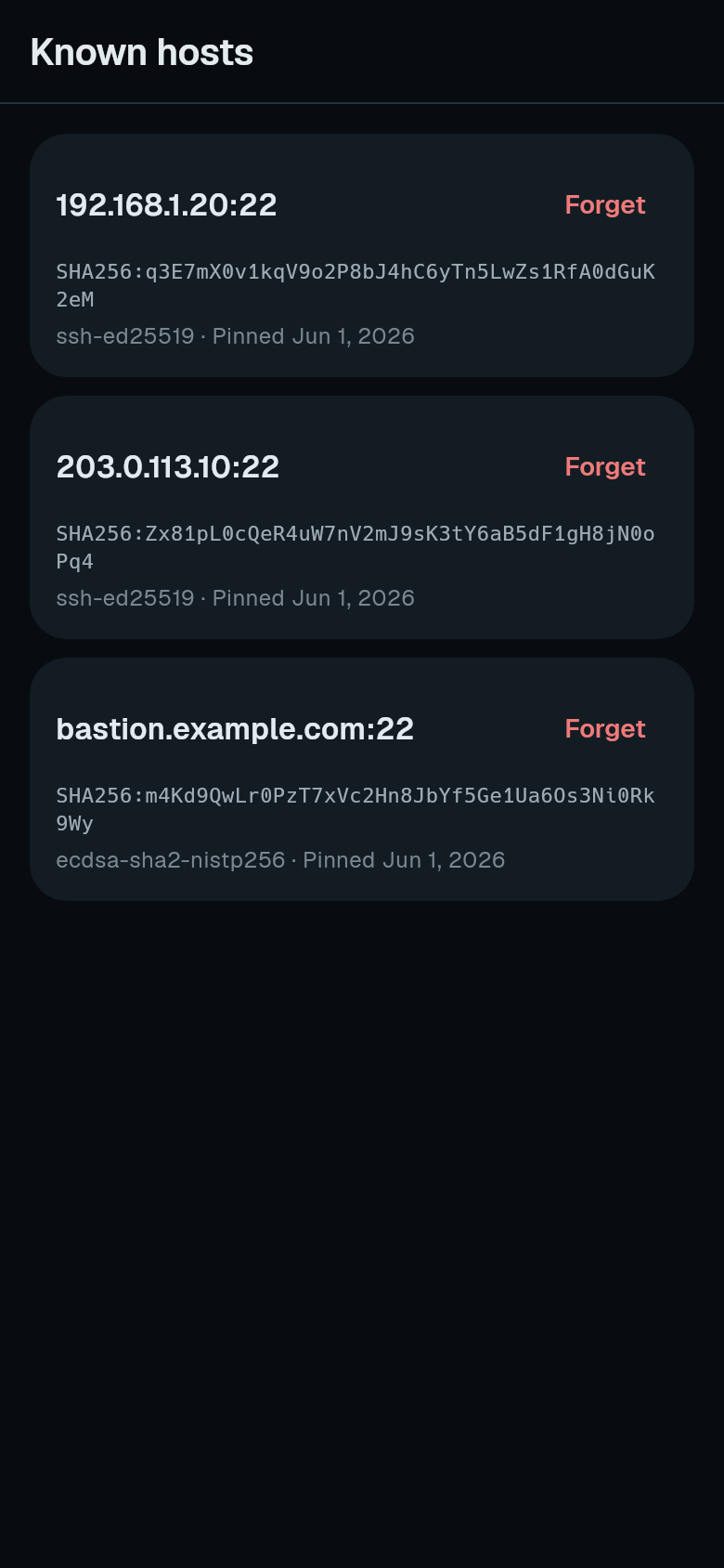 Known hosts list with three pinned hosts and Forget buttons