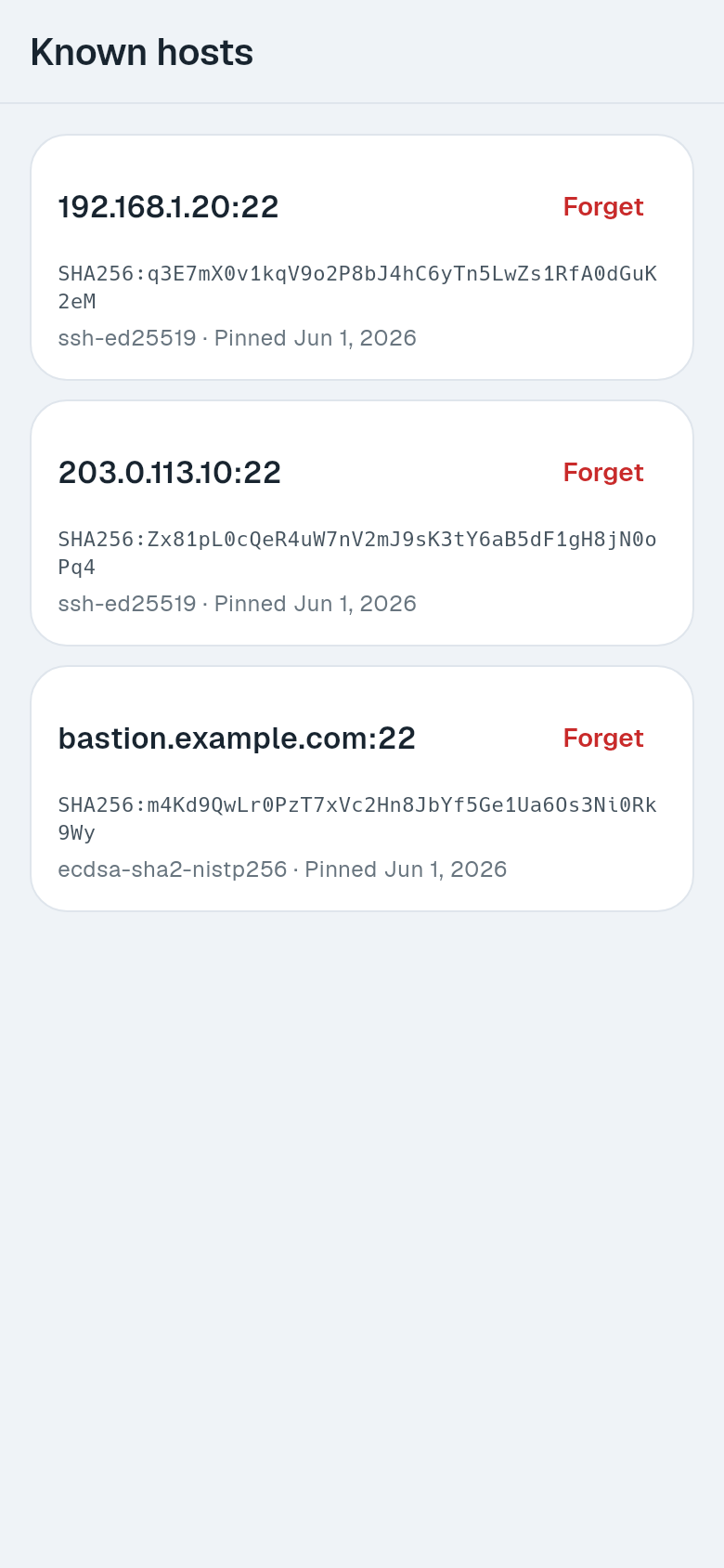 Known hosts list with three pinned hosts and Forget buttons