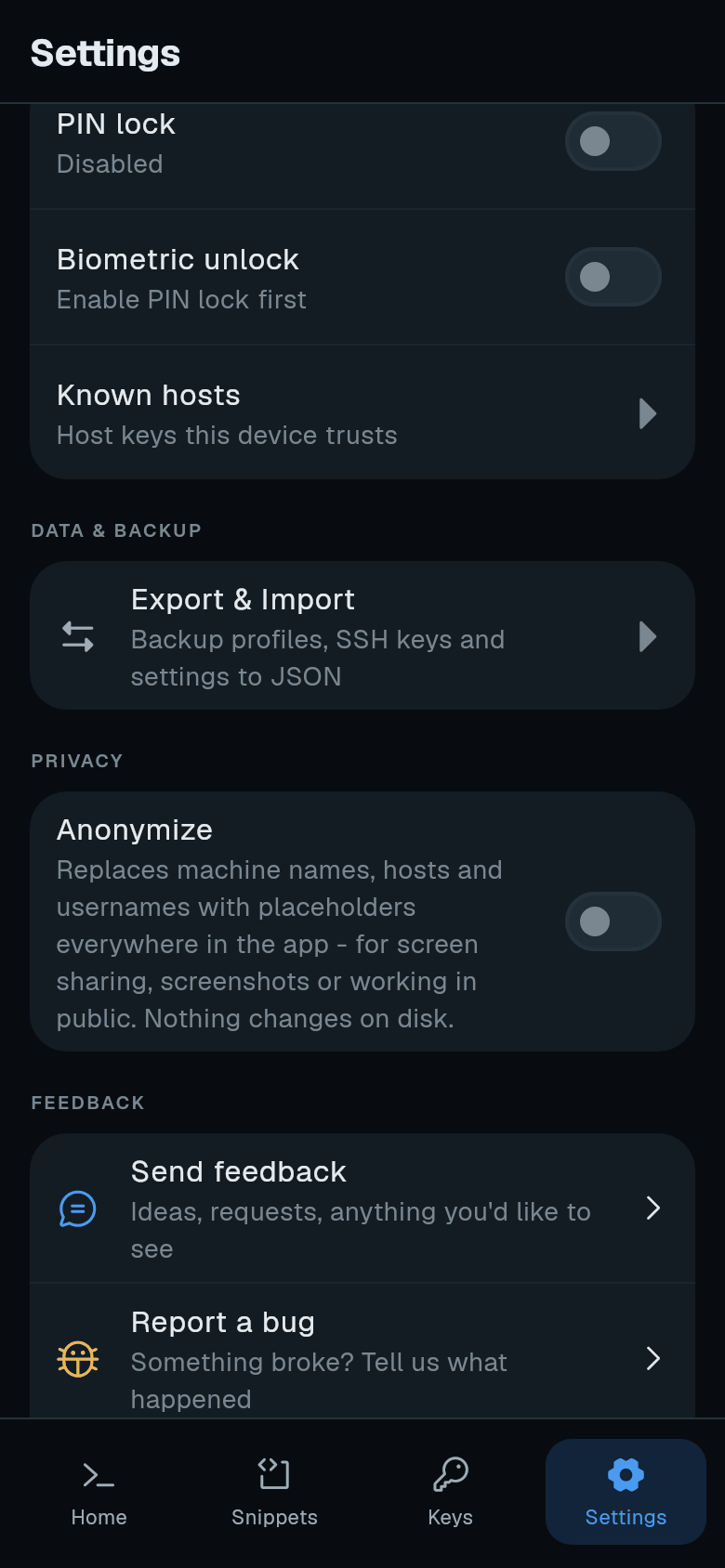 Settings with the PIN lock switch