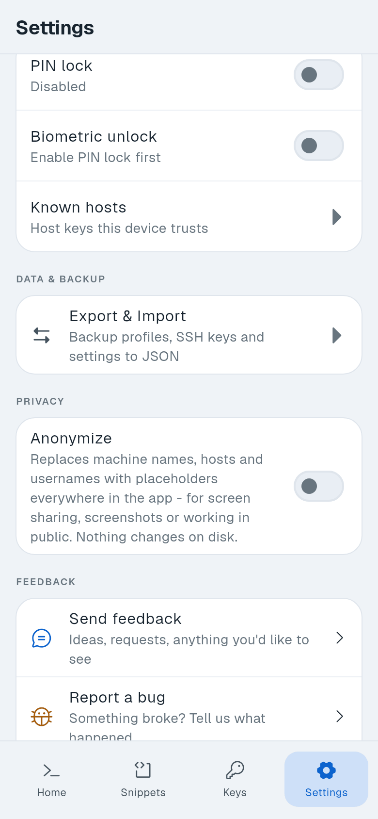 Settings with the PIN lock switch