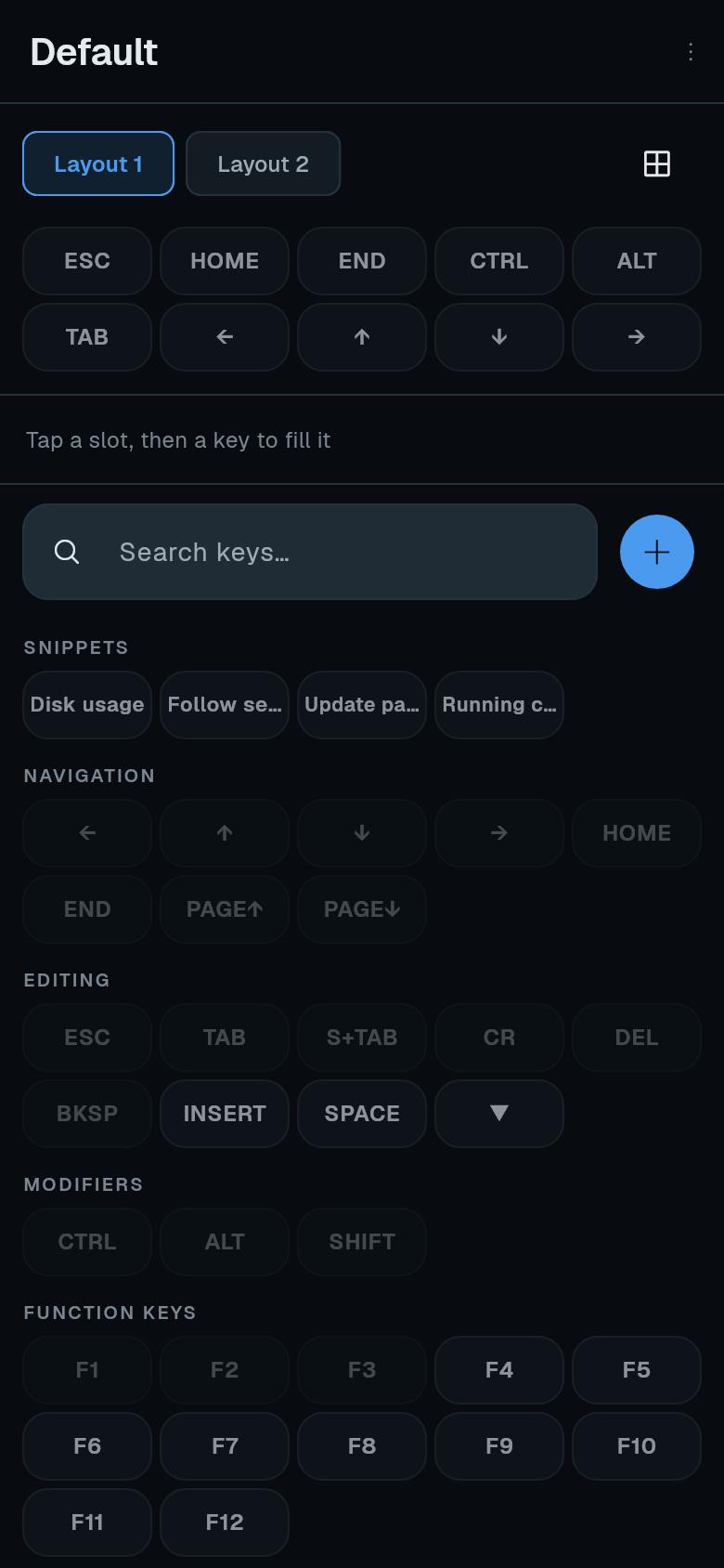 The toolbar editor showing the grid and the key list