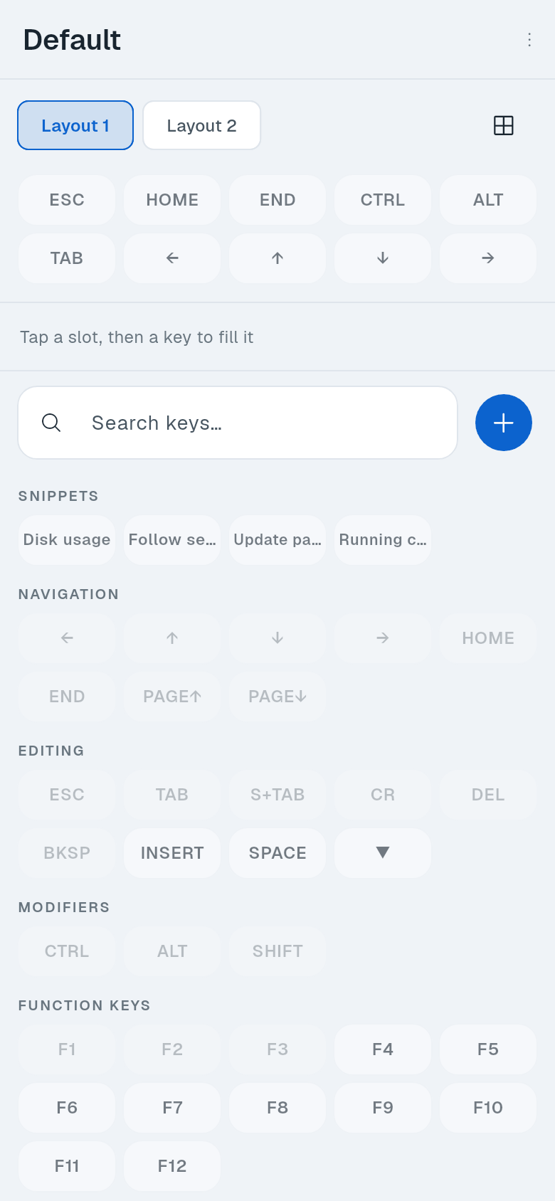 The toolbar editor showing the grid and the key list