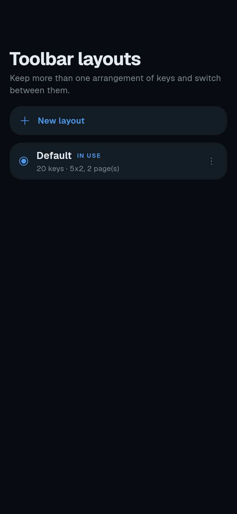 The Toolbar layouts screen with the Default layout in use