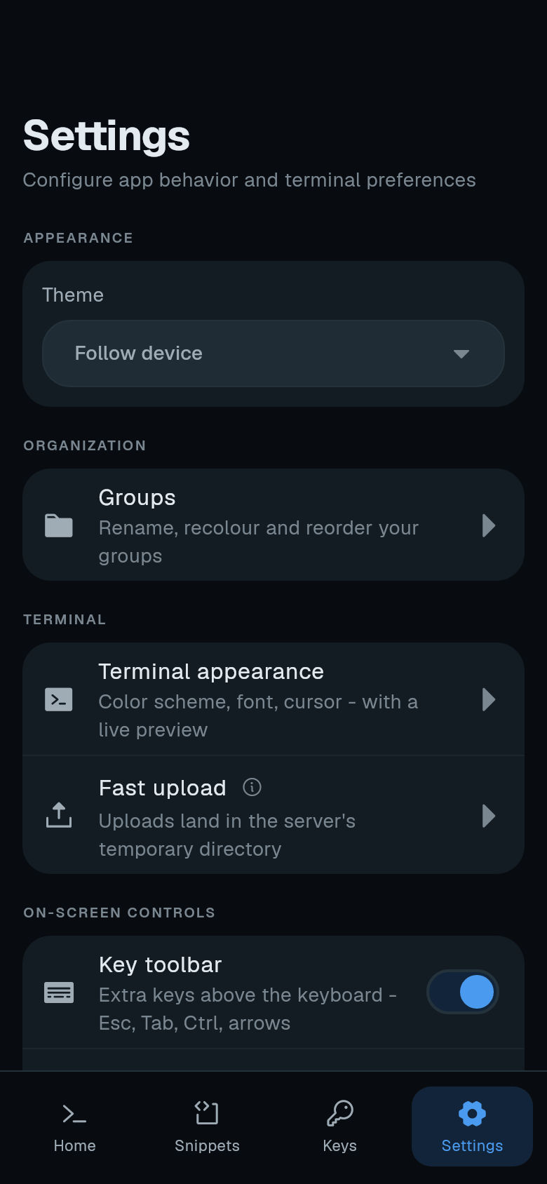 Settings top section showing Connection