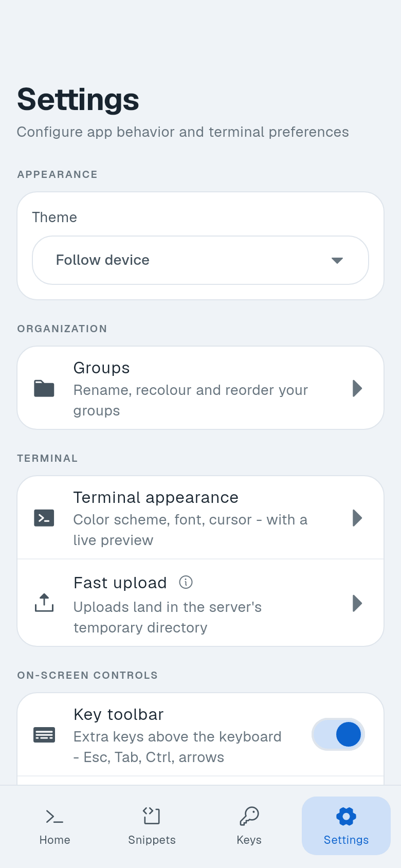 Settings top section showing Connection