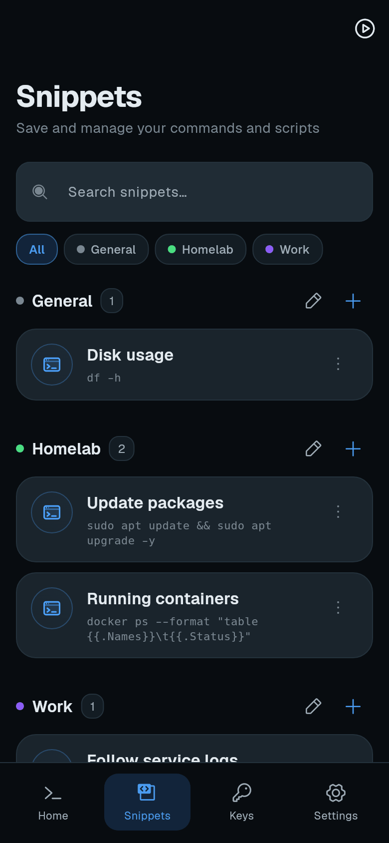 Snippets tab with snippets grouped under General, Homelab and Work