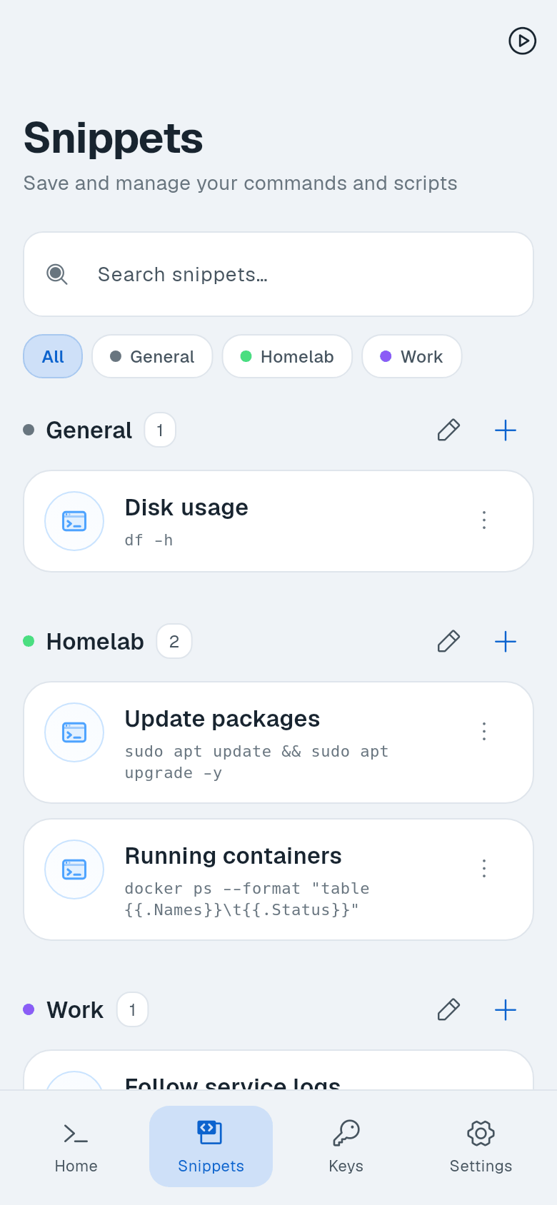 Snippets tab with snippets grouped under General, Homelab and Work