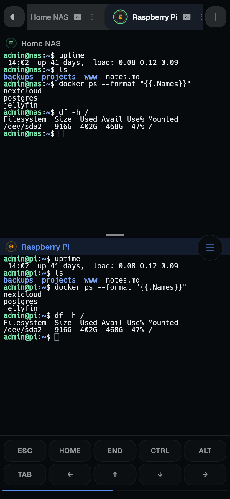 Split screen showing two sessions stacked, each with a name bar