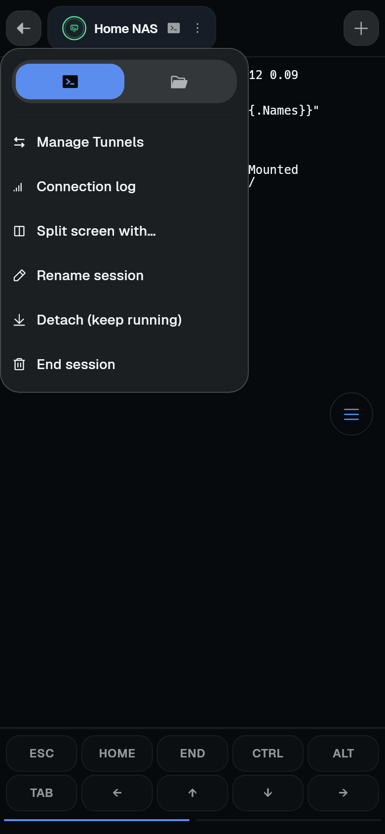 Tab menu with Detach (keep running) and End session