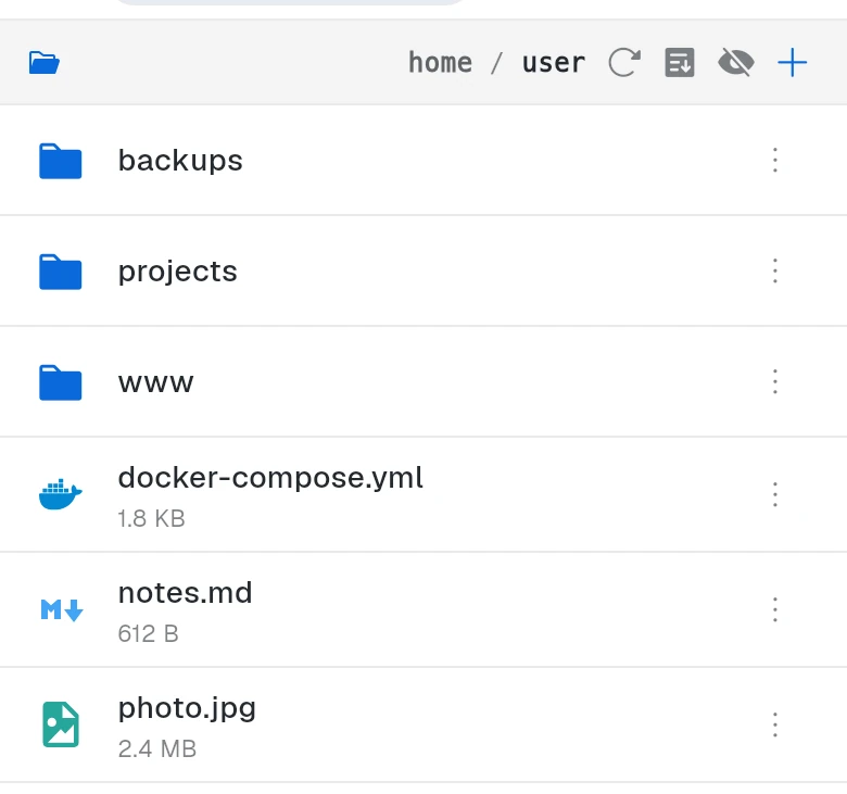 The SFTP browser listing a home folder