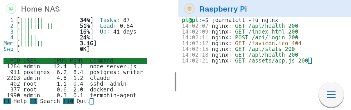 htop and a service log side by side in one tab
